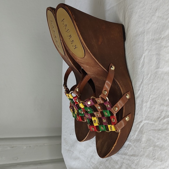 Lauren Ralph Lauren Chain Wooden Wedge Sandals Platforms - Picture 4 of 9